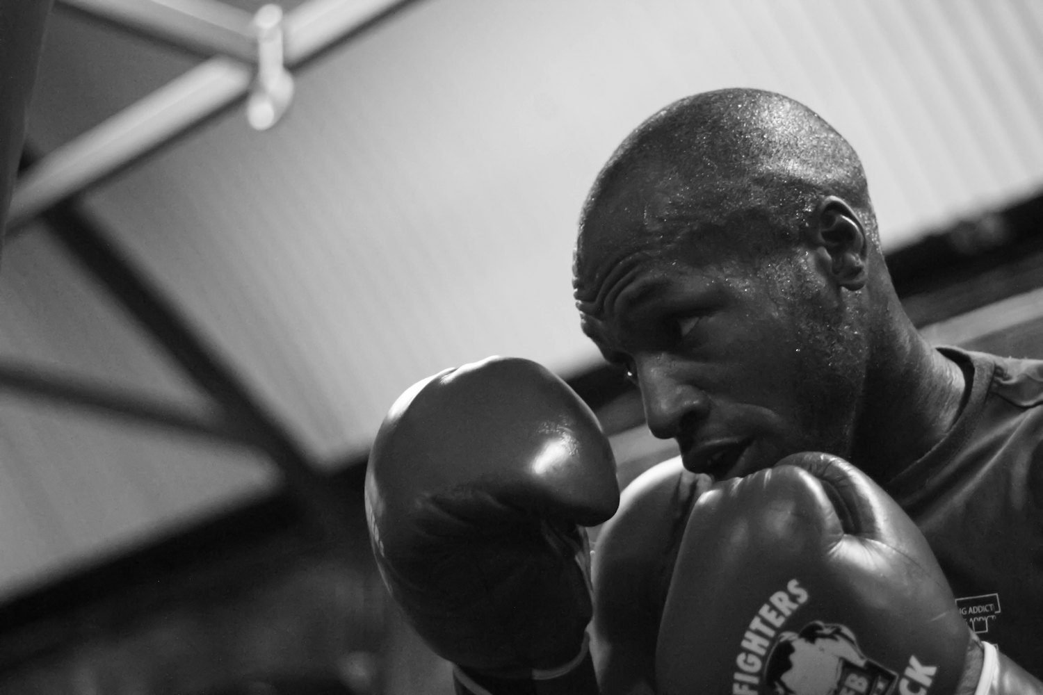 Boxeador en guardia con los guantes en alto, en blanco y negro